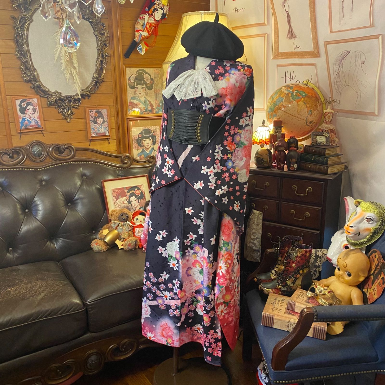 リメイク 振袖着物ロングワンピース 洗える 化繊 和洋折衷