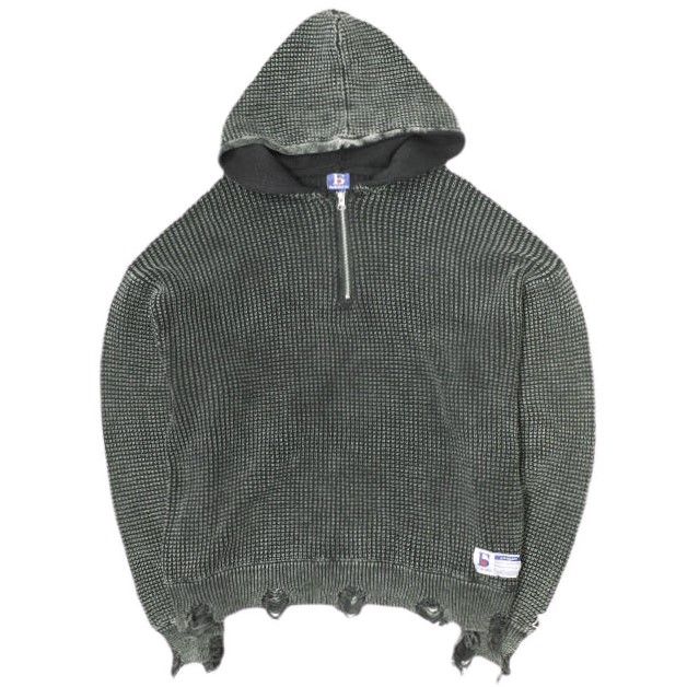 Danke Schon ダンケシェーン PIGMENT STONEWASH DAMAGE AZE HALFZIP HOODIE  ストーンウォッシュ ダメージ加工畦編みハーフジップニットパーカー S ブラック セーター オーバーサイズ トップス g20798
