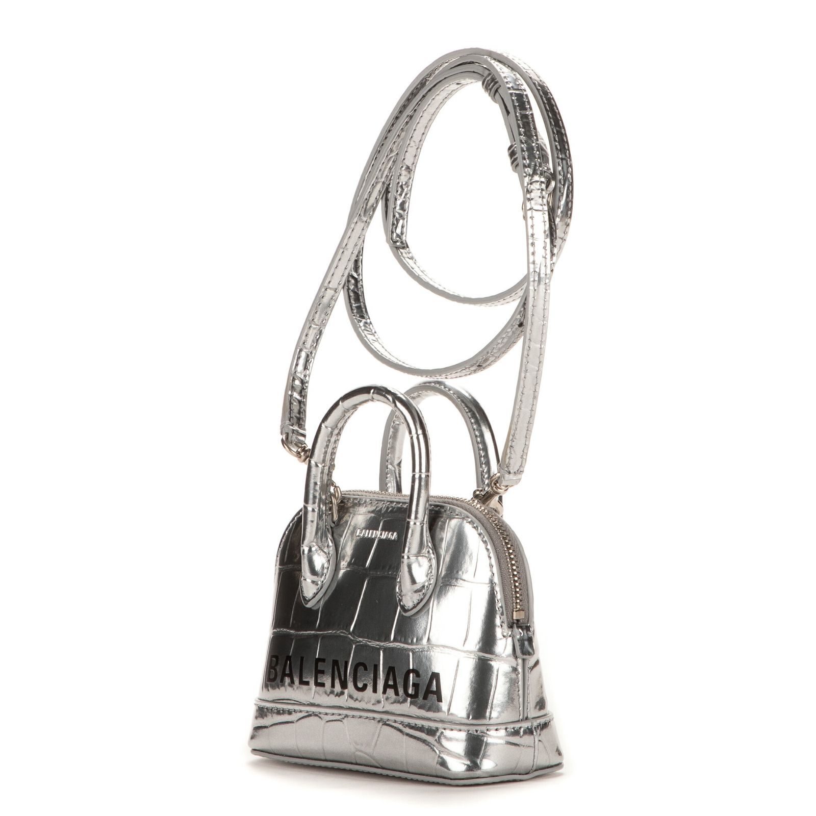 BALENCIAGA バレンシアガミニ ヴィル トップハンドル クロスボディ銀クロコ型押しレザーA