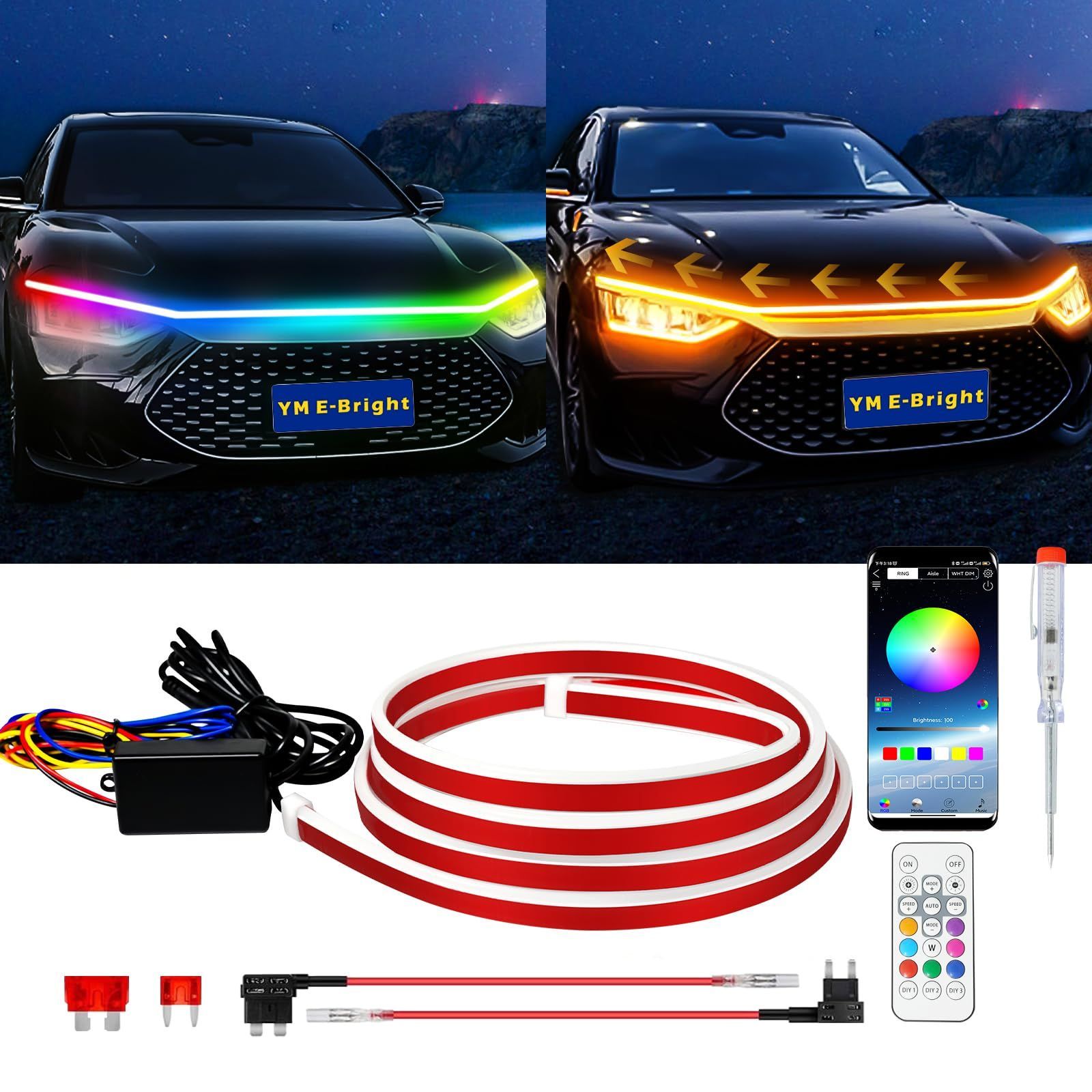 シリコン 防水 汎用品 極薄型 SUV 1.8M トラック DRL RGB/アンバー ウインカー ディライトシーケンシャル流れる 切替 フードライト  12V リモコン/APPコントロール LEDテープライト 車 - メルカリ