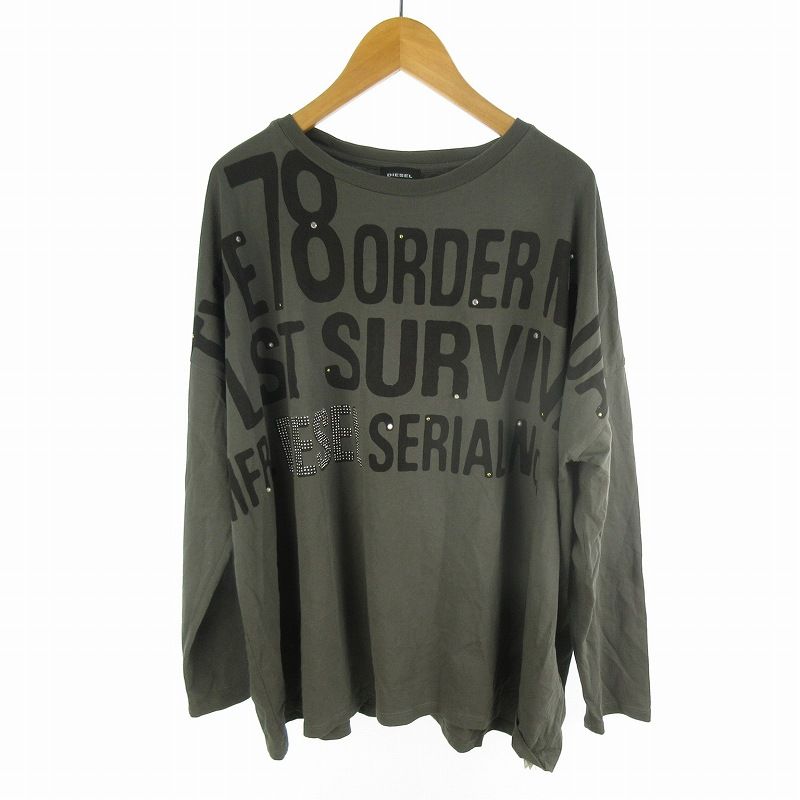 あ*ん様 DIESEL オリーブグリーン 長袖カットソー ディーゼル DIESEL ロンTシャツ 長袖 カットソー スタッズ ロゴ