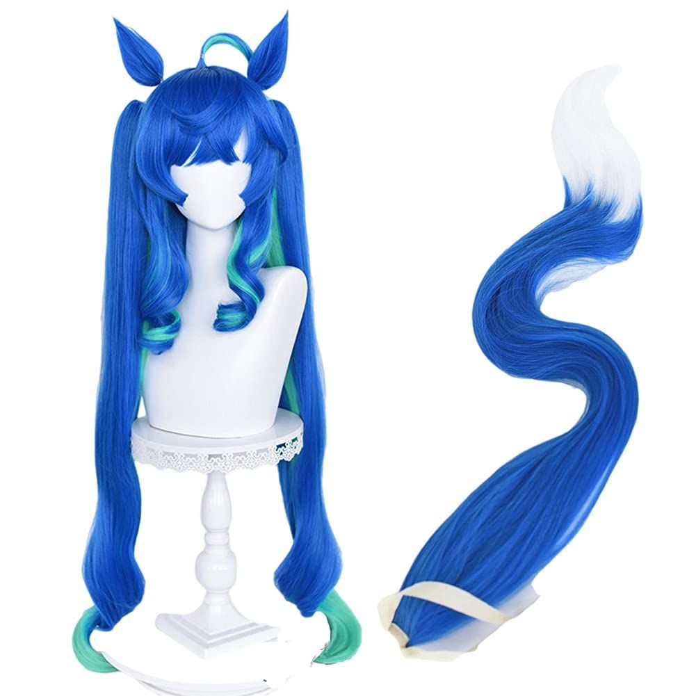  Color:ウィッグ+耳+尻尾 ABUNDANTDOODS コスプレウィッグ ツインターボ 風 耐熱ウィッグ120ｃｍ 変装用ウィッグ cosplay wig かつら ネットと櫛付 ブルー グリーン (ウィッグ+耳+尻尾) その他