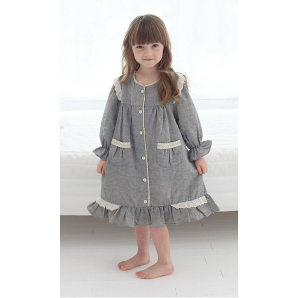 GRAY M カランパジャマドレス キッズ パジャマ 女の子 ジュニア ワンピース 10006251 パジャマドレス ナイトドレス ルームワンピース 長袖 ポケット レース フリル おしゃれ かわいい オシャレ ワンピ ルームウェア