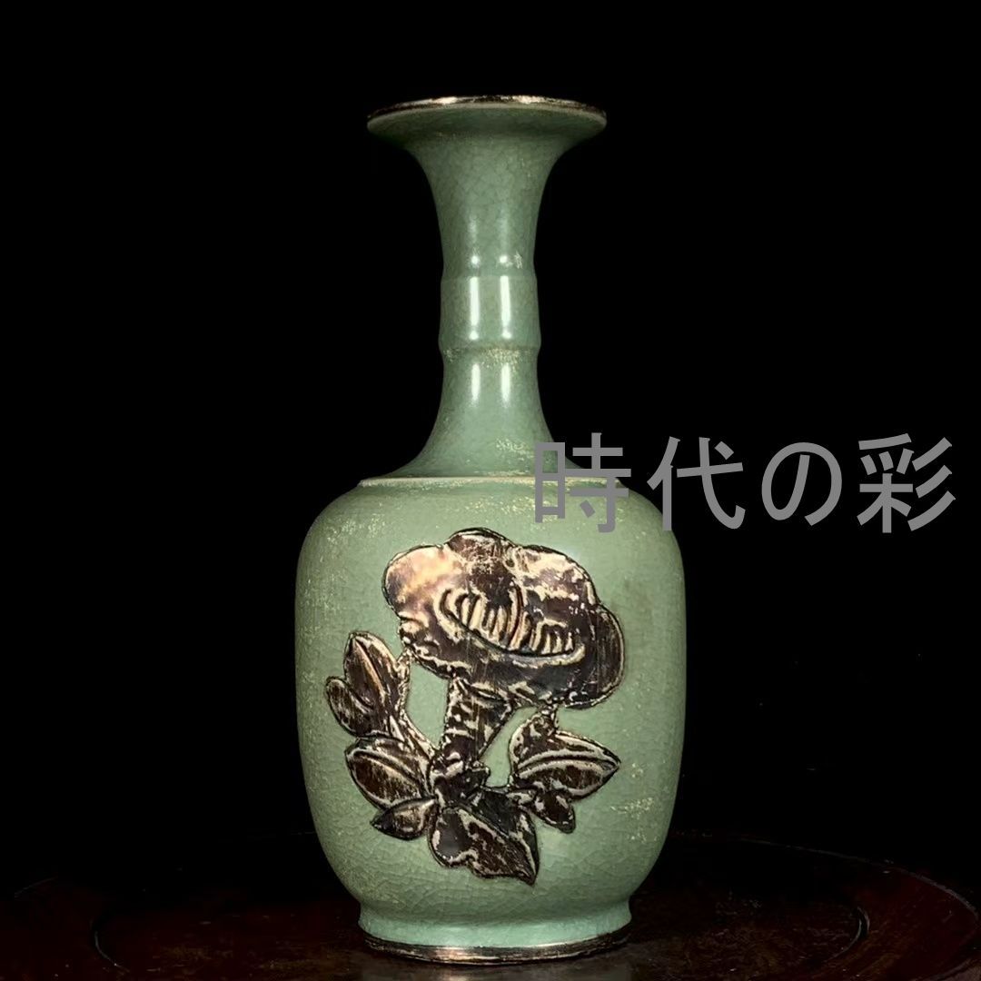 中国古美術 旧蔵 宋汝窯 包口 銀嵌 竹節瓶 古陶磁器 文房置物 中国古玩 唐物 古賞物 時代物 R07092306