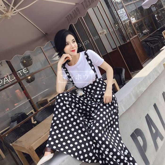 しいサロペットセットアップドット柄サロペット+シャツオーバーオール