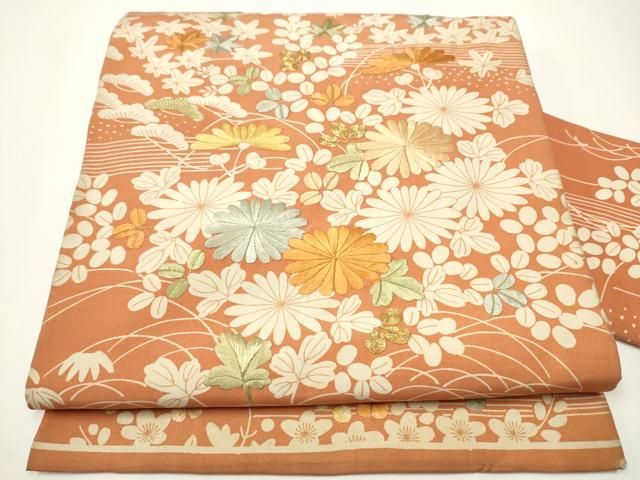 平和屋着物●アンティーク 大正ロマン 九寸名古屋帯 駒刺繍 草花文 正絹 CAAX7281hy
