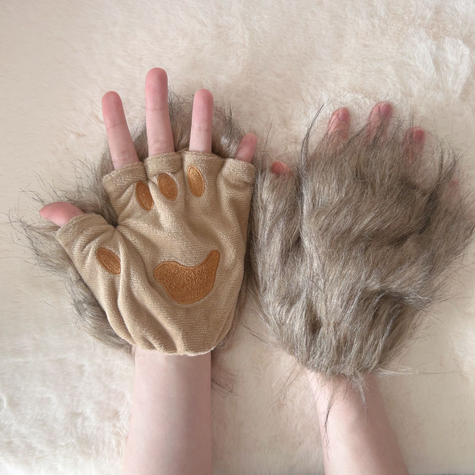 ケモノ手袋 五本指 茶色 ピンク肉球 ハンドメイド 手縫い爪 オリジナル