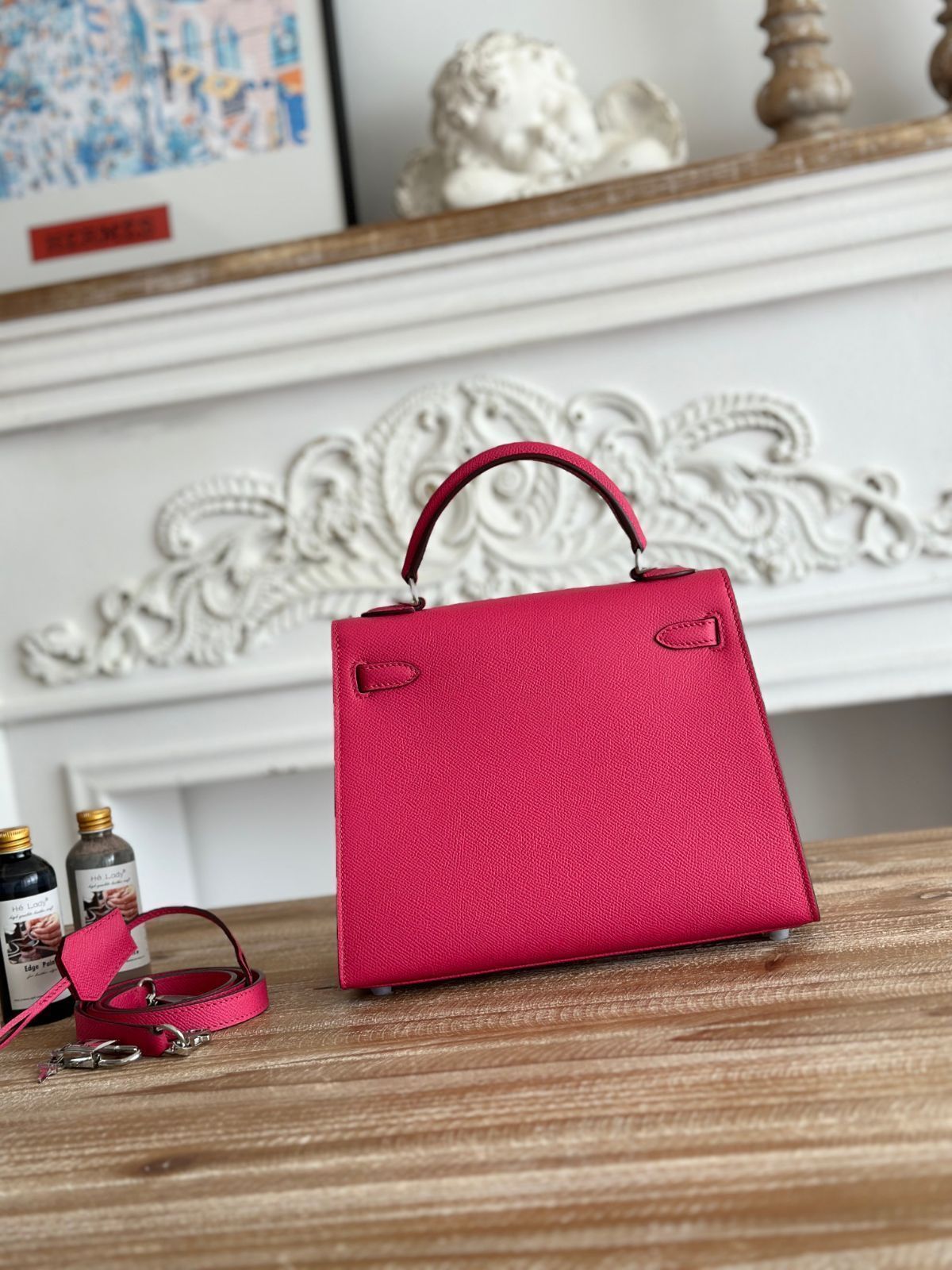 HERMES ピンク レザー ハンドバッグ エルメス ピンク シルバー バックル レディース ハンドバッグ