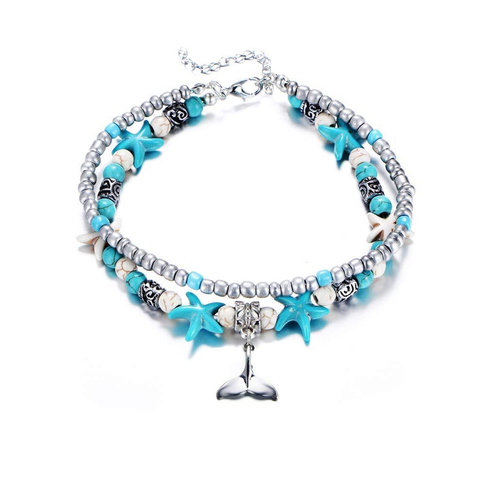 Lucbuyボヘミアン足首 足首のブレスレット 青と白の多層グラマービーチ砂手作りアンクレット足女性らしい女の子の贈り物 デート パーティー 卒業 ショッピング ビーチに適して