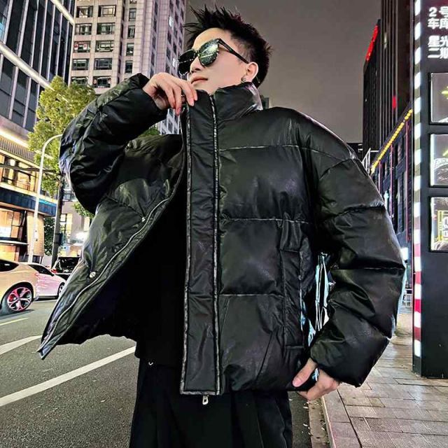 春 コーデ メンズ 用 服 シンプル ファッション オシャレ 大人 かっこいい 大きいサイズ ストリート 紳士服 スタンドカラー PU コットン ジャケット 暖かい 黒 ダウン 