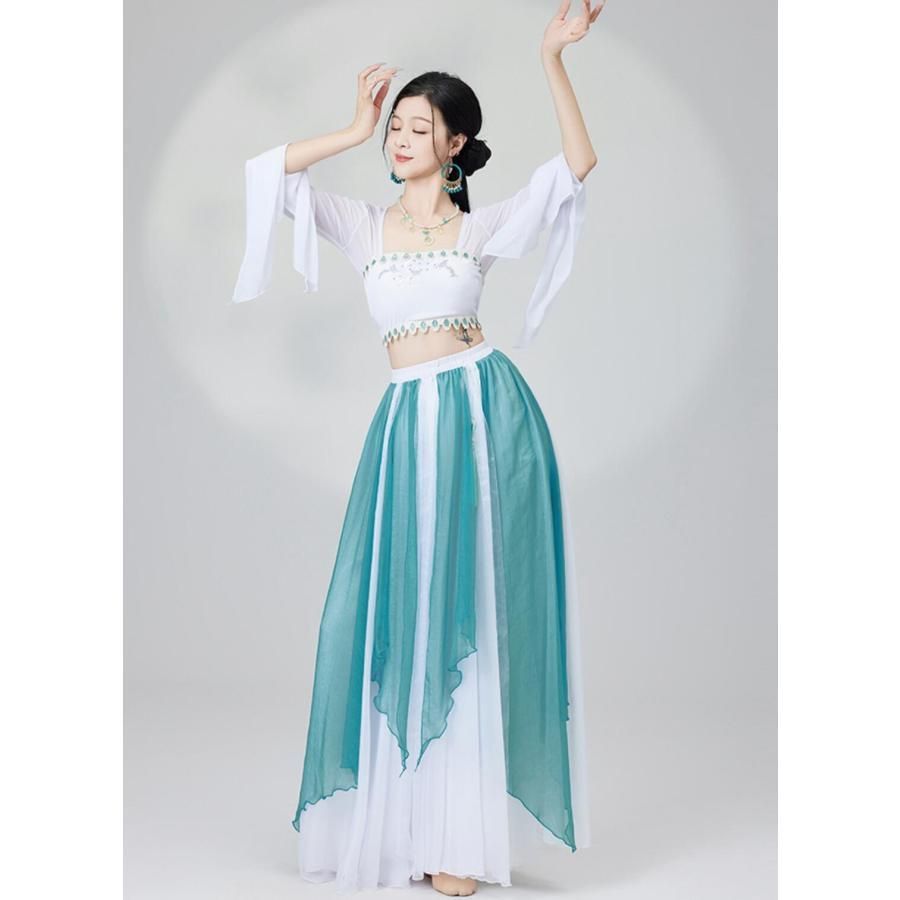 【即日発送】 中華 アラビアン 衣装 中華古典舞踊 漢唐 中華宮廷舞踊 西域 敦煌 飛天 チャイナ古典民族ダンス 衣装セット 白 青 ひらひら 飄々 改良 漢 BJ0903ML472