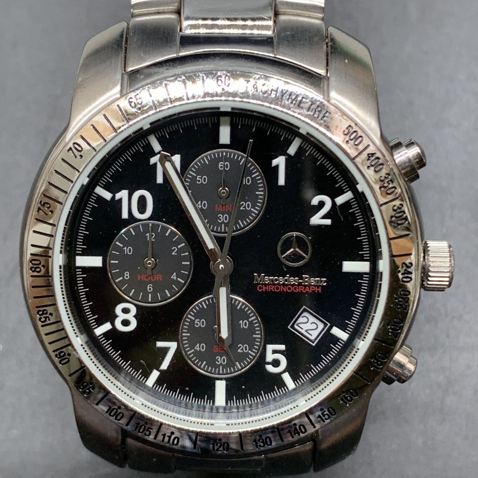 J360 不動Mercedes-Benz メルセデスベンツ 腕時計 クロノグラフ ブラック文字盤 シルバー メンズウォッチ