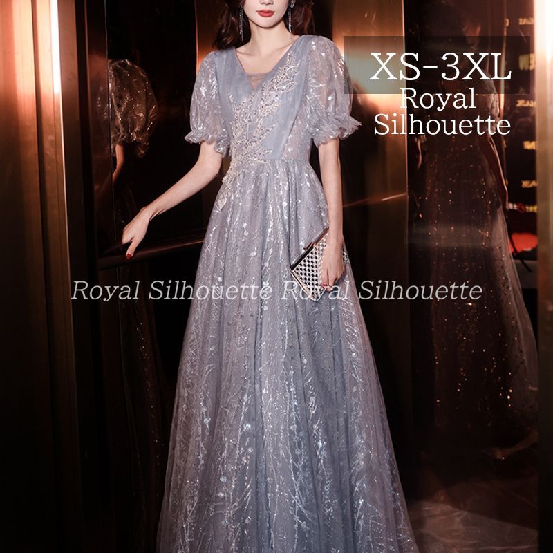 ナイトドレス パーティー ドレス ブルー 水色 青 パフスリーブ 結婚式 大きいサイズ ドレス 謝恩会 XS S M L XL LL 2XL XXL 3XL XXXL パーティー 姫系 発表会 披露宴 豪華 プリンセス ロング丈 フェミニン 紐タイプ