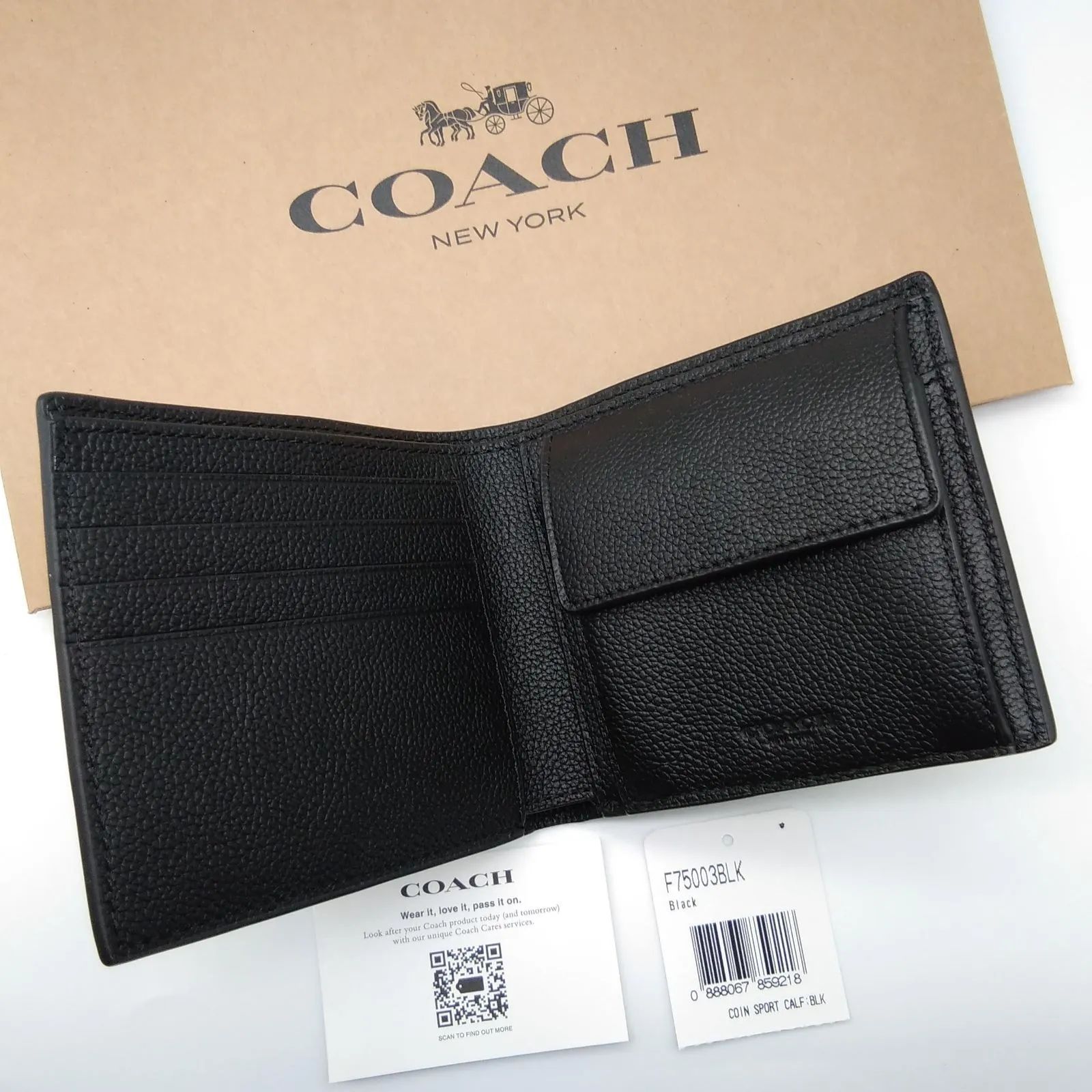 新品　COACH　コインウォレット　折り財布　ペプルレザー　ブラック　メンズ