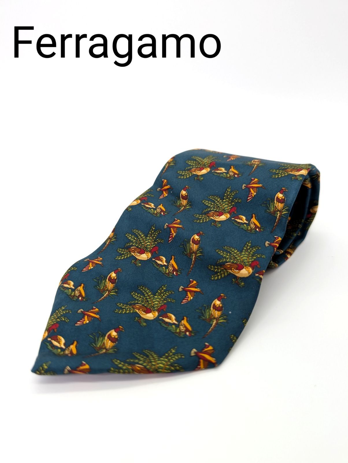24時間以内発送】 フェラガモ Ferragamo ネクタイ グリーン 鳥柄