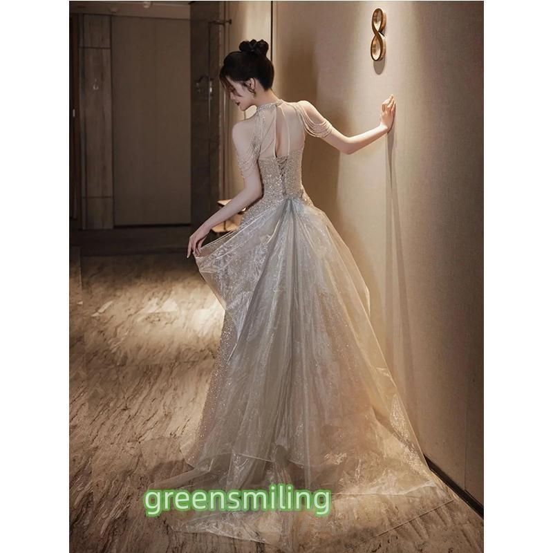 ドレス シャンパンゴールド ホルターネック スパンコール パーティードレス ロングドレス 結婚式 二次会 発表会 演奏会 花嫁 ウェデWP数量 価格926