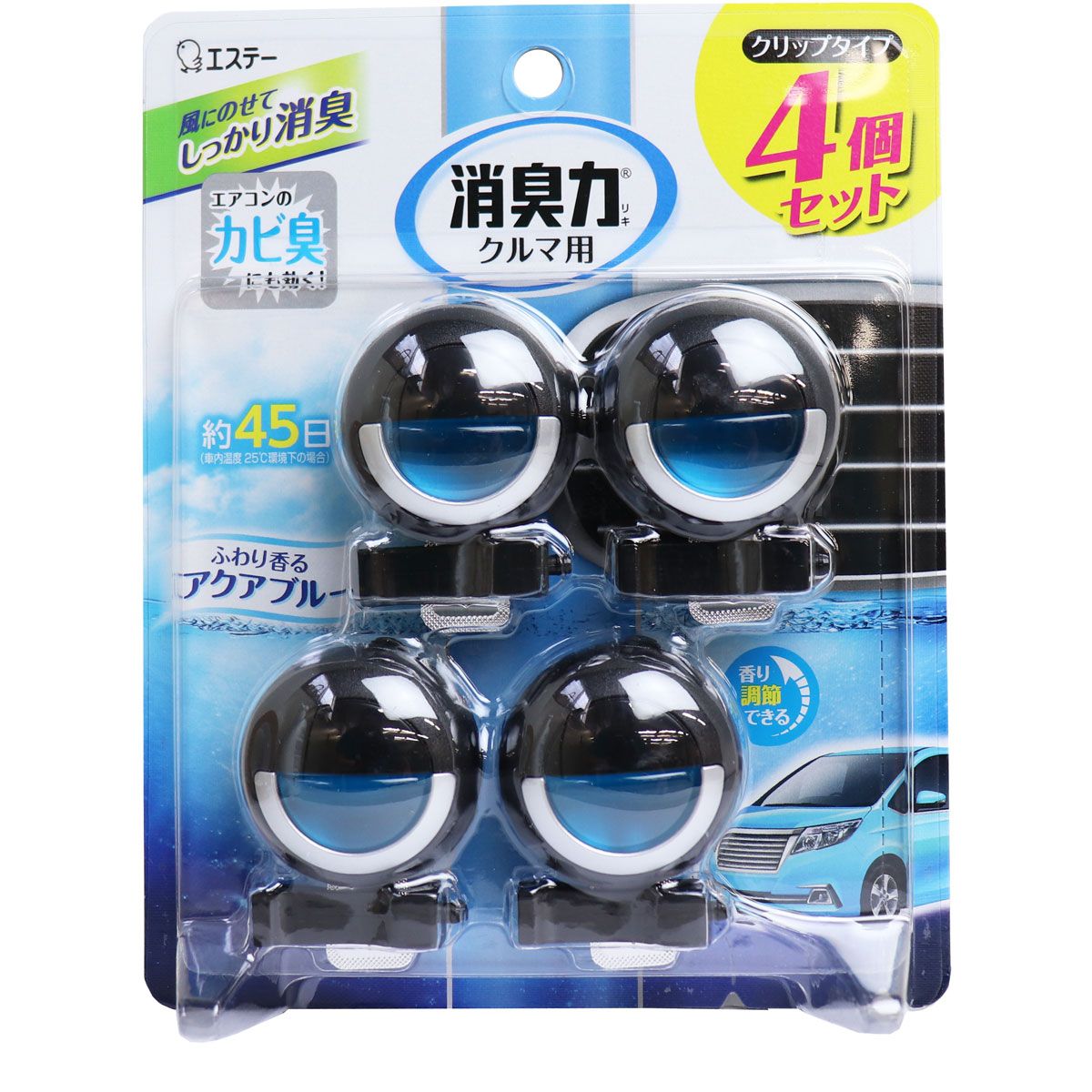 美浜卸売-ORS5426 消臭力 クルマ用 クリップタイプ ふわり香る アクアブルー 3.2mL×4個セット×6個セット