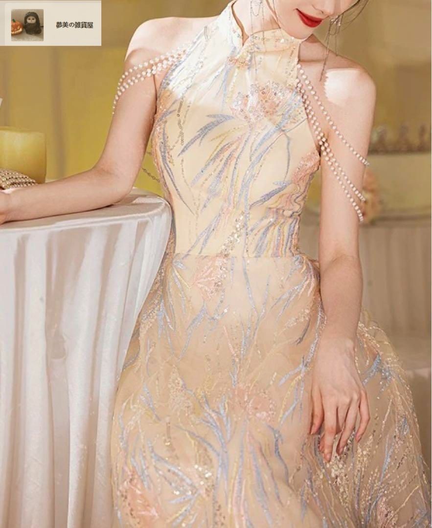 オシャレなデザインのビジューにスパンコール付き ロングドレス