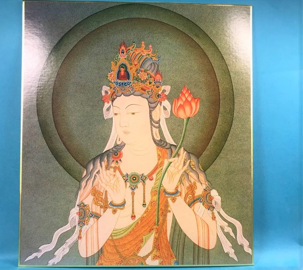 水彩画 色紙 額入り 葛西四雄 青森県 観音様 観音像 水彩画 色紙 額