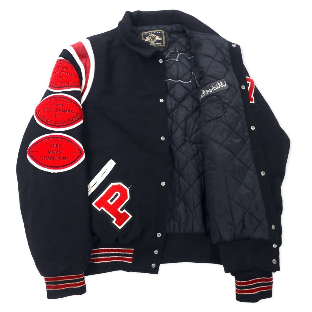 【90S】スタジャン 袖レザー ウール ワッペン キルティング 短丈 2WAY HOLLOWAY USA製 90年代 スタジャン 2XL ブラック ウール キルティング