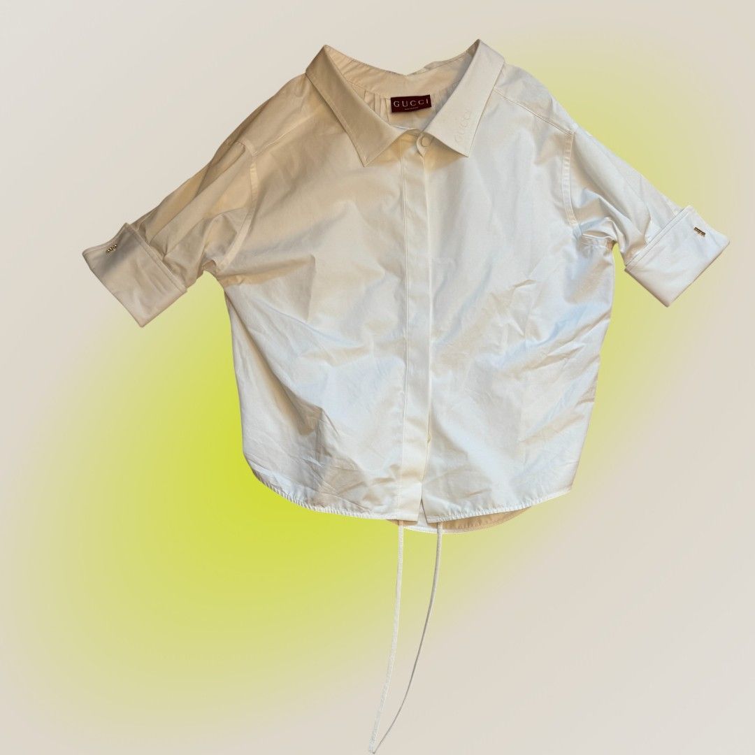 グッチ GUCCI コットン シャツ 半袖 レディース 38 ホワイト ロゴ刺繍入り イタリア製 着丈66 身幅66 袖丈28