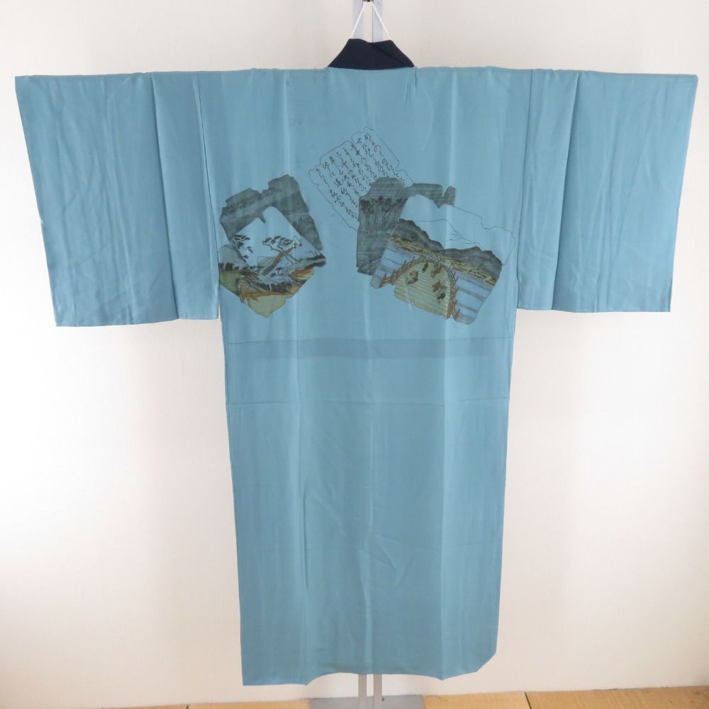 男着物 紬 亀甲 アンサンブル 襦袢セット 袷 紺青色 正絹 男性用きもの