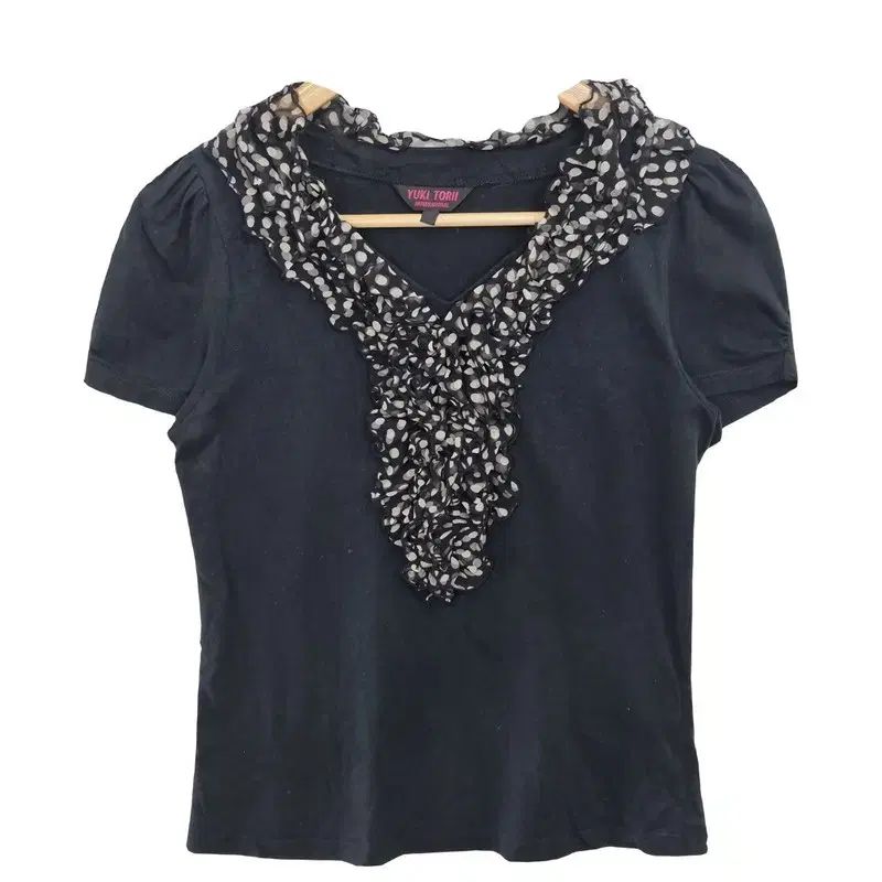 美品◇YUKI TORII◇トリイユキ◇シワ加工半袖トップス◇レース◇BLACK YUKI TORII レトロ レース 黒 半袖 Tシャツ M ヴィンテージ 半袖