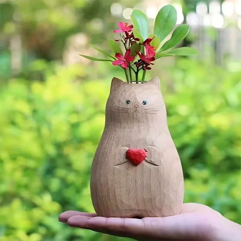 かわいいハートを持つ木製猫オブジェクリエイティブなラブキャット花瓶、手作りの恋人用の花ポット、春夏のモダンな家の装飾品