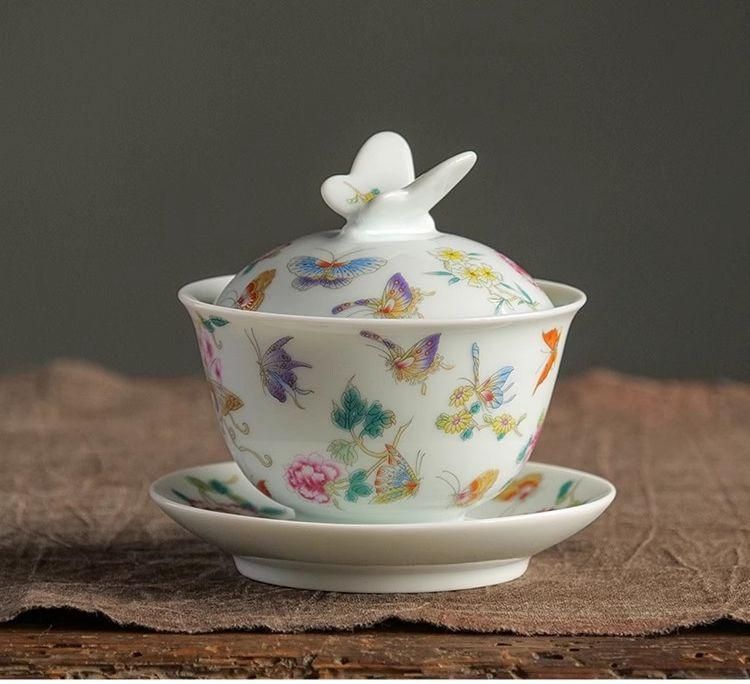 未使用品 蝶恋花三才蓋碗 中国茶器 景徳鎮 蓋付き茶器 飲茶食器