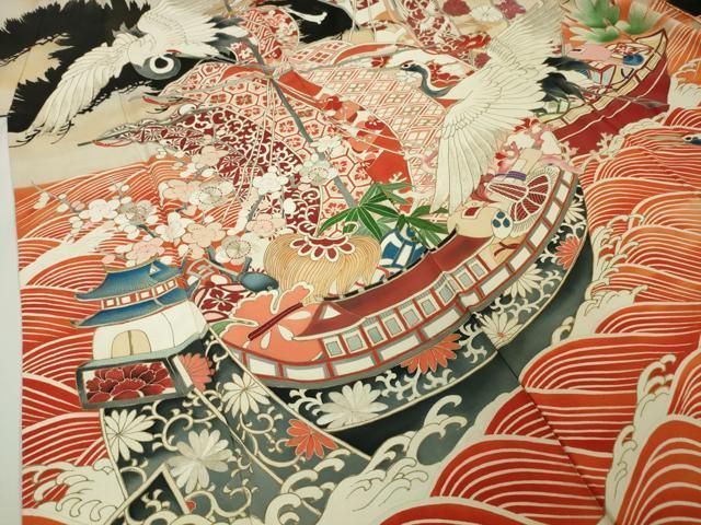 平和屋本店□極上 アンティーク 大正ロマン 振袖 刺繍 飛鶴 宝船 黒地  