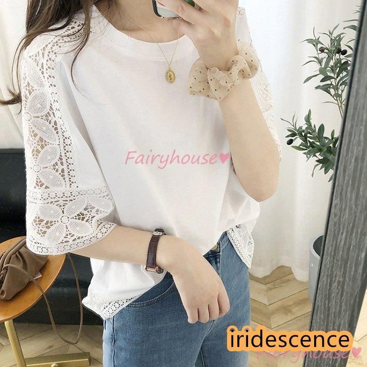 Tシャツ レディース 40代 夏 オシャレTブラウス 白レース