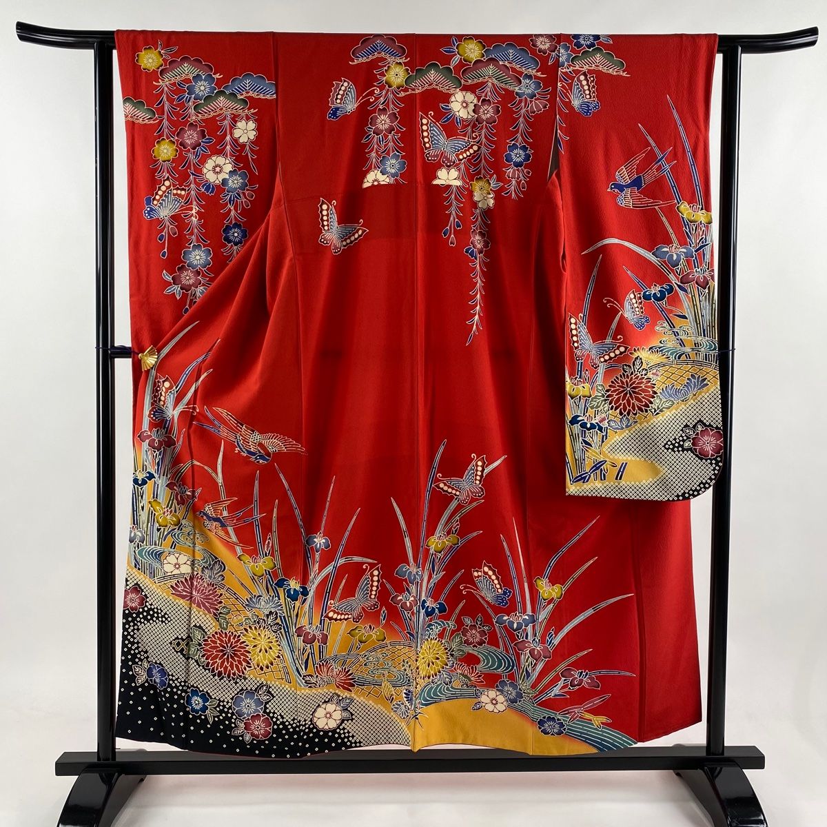 振袖 身丈153cm 裄丈62cm S 袷 鳥 草花 金彩 染め分け 赤 正絹