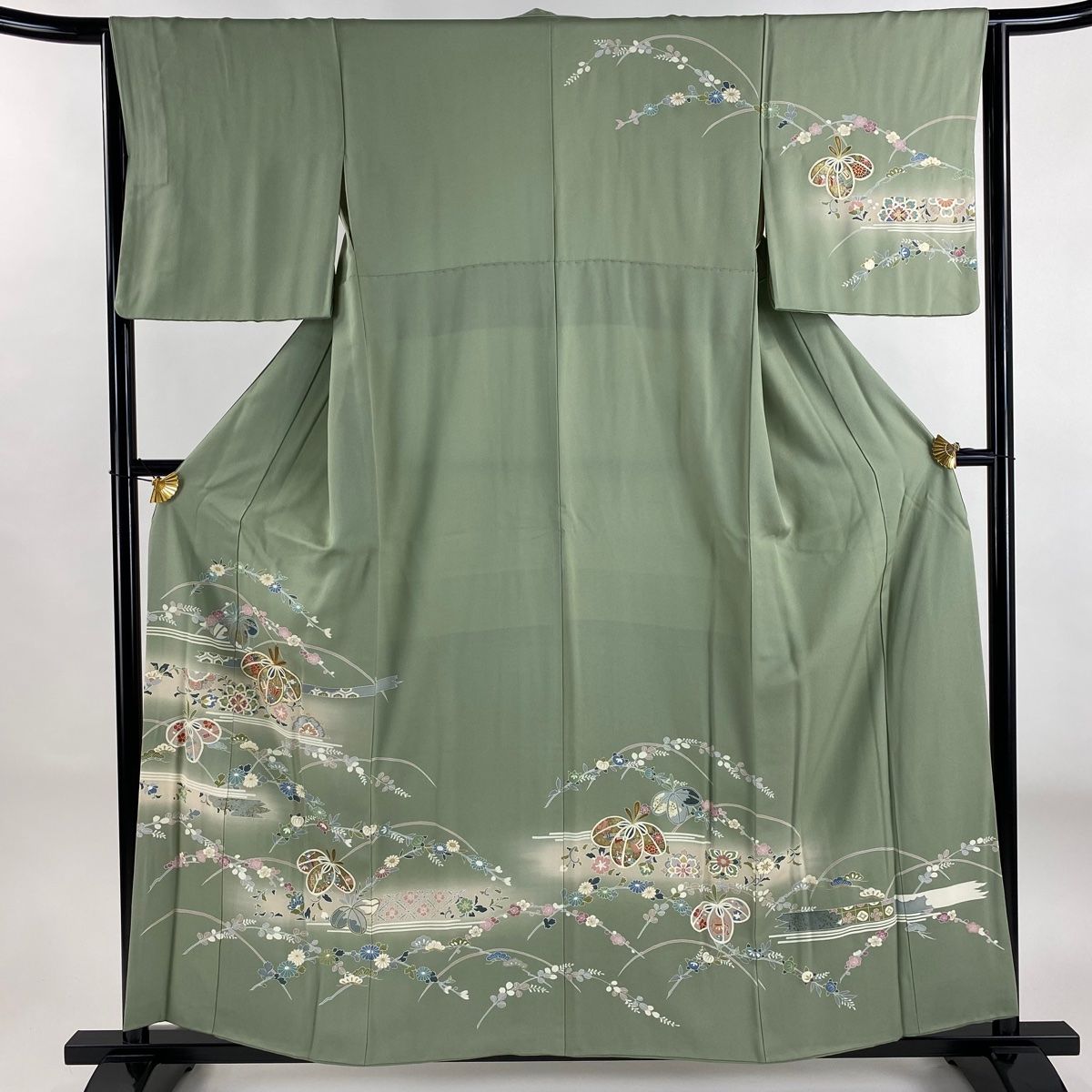 訪問着 身丈158.5cm 裄丈64.5cm M 袷 草花 華文 金糸 金彩 灰緑 正絹 秀品