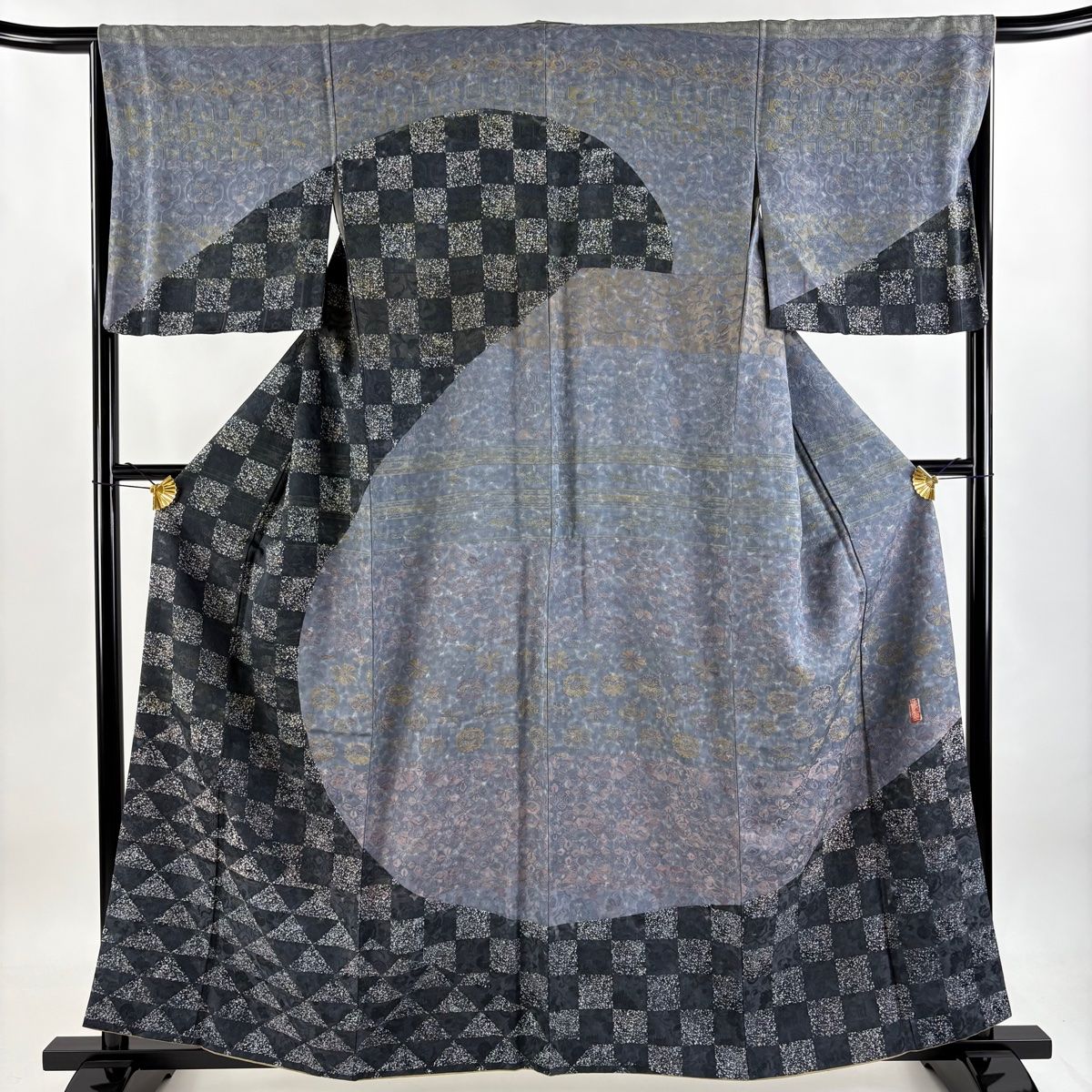 訪問着 身丈160cm 裄丈66cm M 袷 落款 市松模様 鱗 染め分け 青灰色 正絹 名品