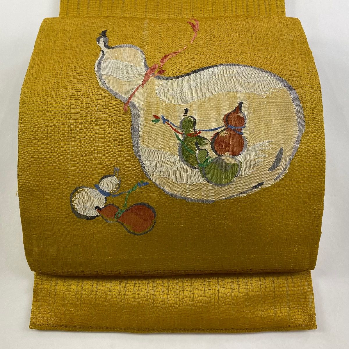 袋帯 秀品 夏帯 関西仕立て 瓢箪 黄土色 お太鼓柄 正絹