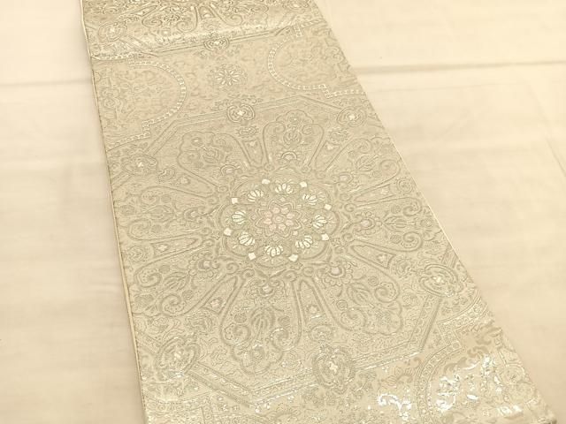 A 純プラチナ箔 オリエント更紗 正倉院華文 銀糸 六通 正絹 フォーマルな袋帯 A 純プラチナ箔 オリエント更紗 正倉院華文 銀糸 六通 正絹