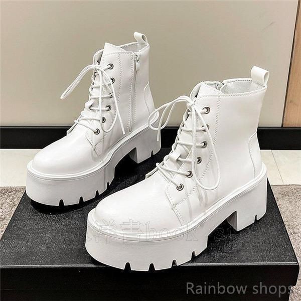 厚底 ショートブーツ♡ ホワイト38(24センチ) 編み上げブーツ レディース ショートブーツ 厚底 ブーツ レースアップ 編み上げブーツ