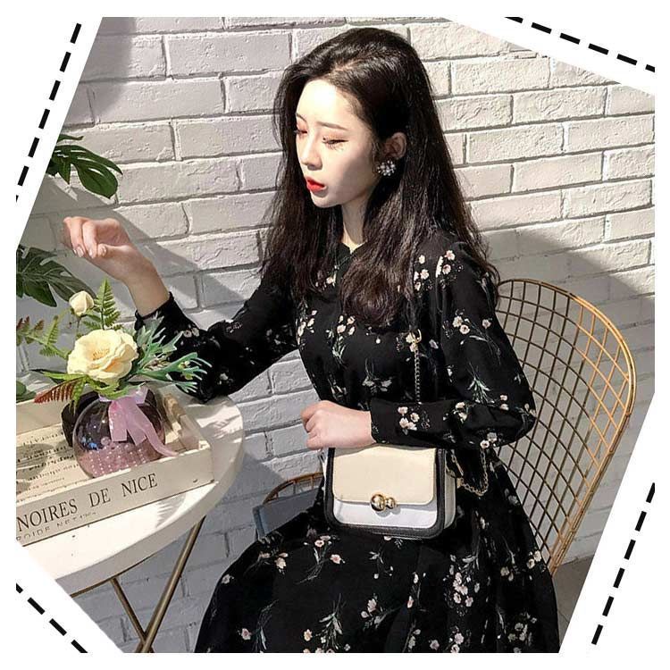 ロング ワンピース レディース 春 秋 シフォン 花柄 ドレス 丸首