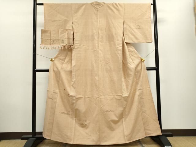 平和屋着物▽訪問着 単衣 紬地 刺繍 草花文 金彩 反端