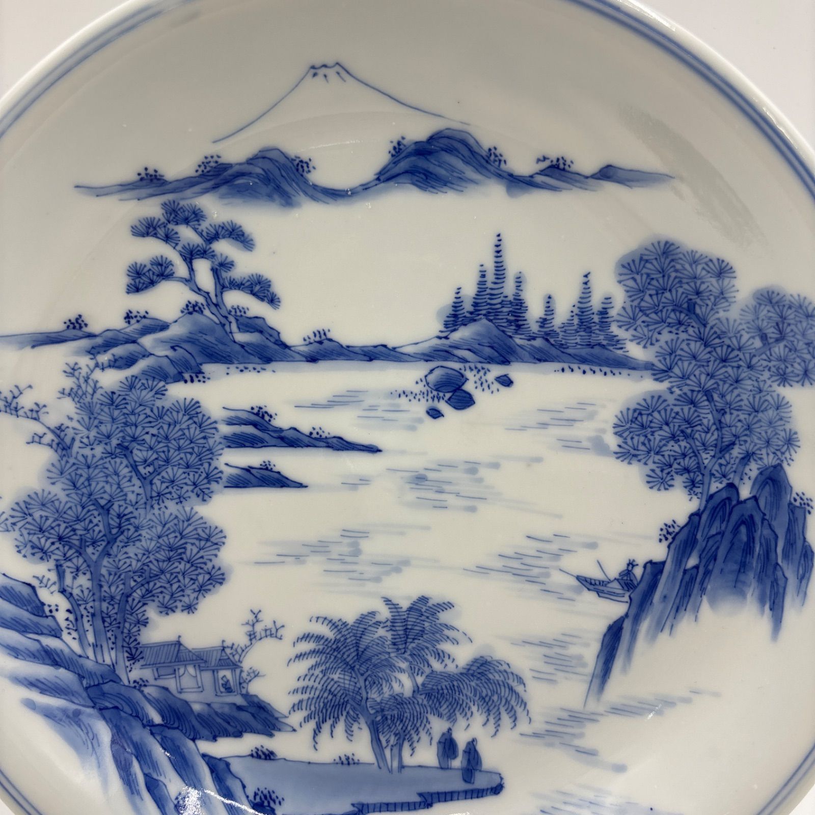 瀬戸染付】川本半助 山半銘 手描山水文 八寸皿 明治の名工 瀬戸