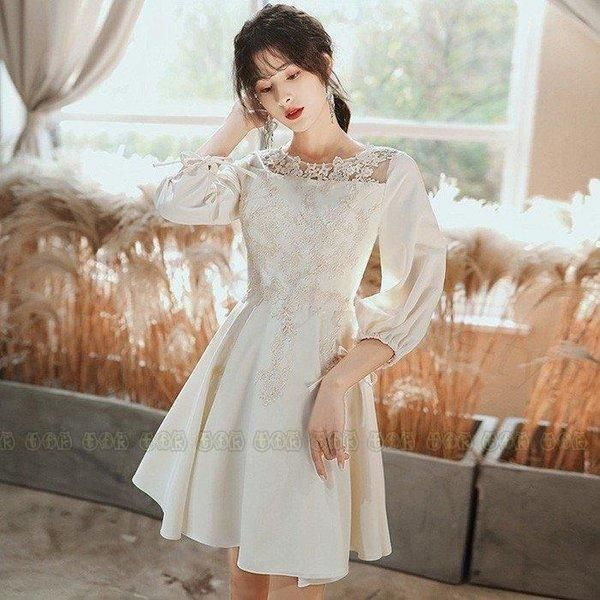 パーティドレス 結婚式 披露宴 Aラインドレス 膝丈ワンピース レディース 二次会ドレス 七分丈袖 上品 発表会演奏会 ギフト膝丈刺繍 ウエディングドレス20代30代