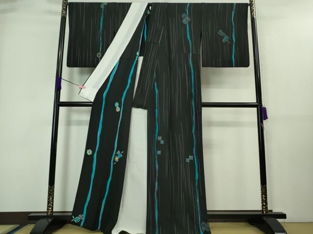 平和屋着物□極上 小紋 単衣 亀甲 七宝 間道 黒地 逸品 DZAA7630kh5 平和