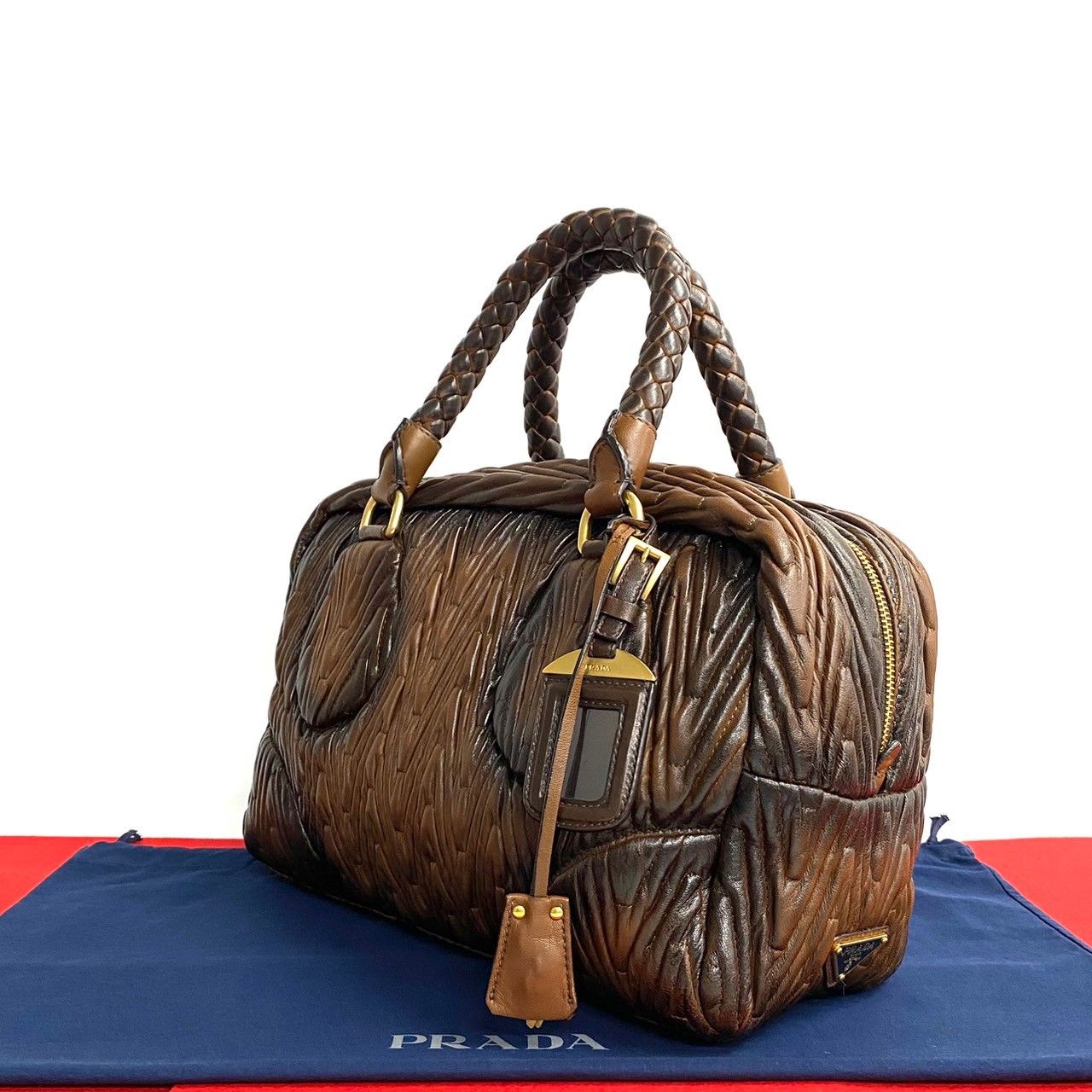 極 美品 希少品 カード付 PRADA プラダ ロゴ 金具 レザー ハンドバッグ