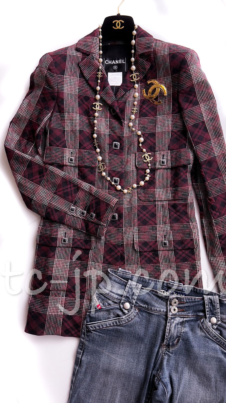 シャネル ジャケット CHANEL バーガンディ ブラック タータン チェック  