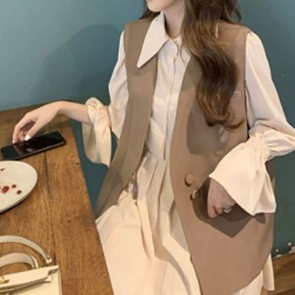 長袖 シャツワンピース ジレ セット 異素材ミックス 韓国 新品】大人ガーリー♡ジレ＋プリーツシャツワンピース
