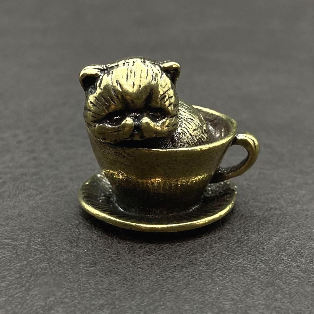 057 真鍮 置物 ネコ 猫 コーヒー ビンテージ 風水 開運 金運