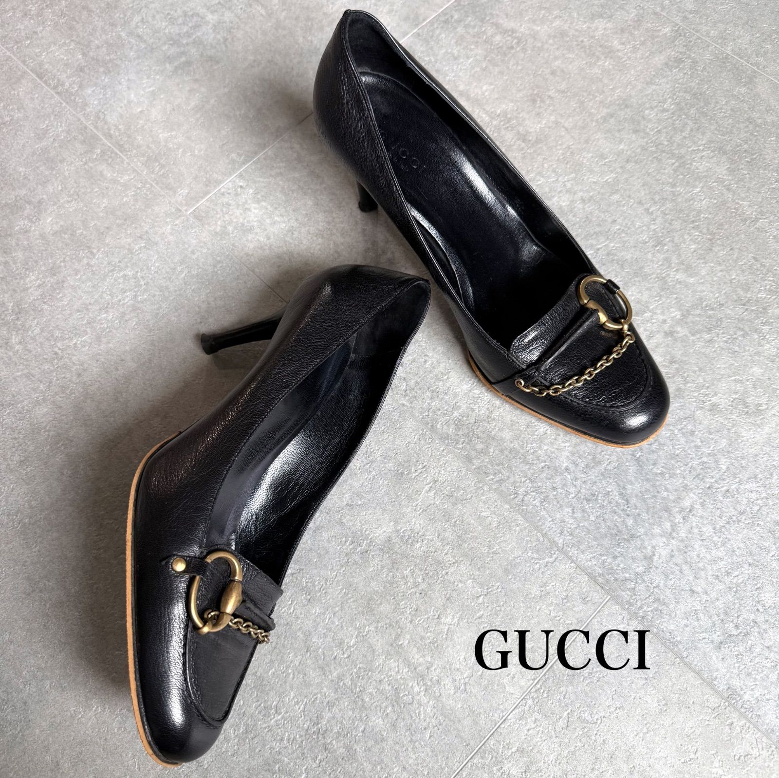 極美品✨GUCCI ホースビット パンプス 本革 黒 ゴールド金具 36 1/2 美品 GUCCI グッチ ホースビットパンプス レザー チェーン