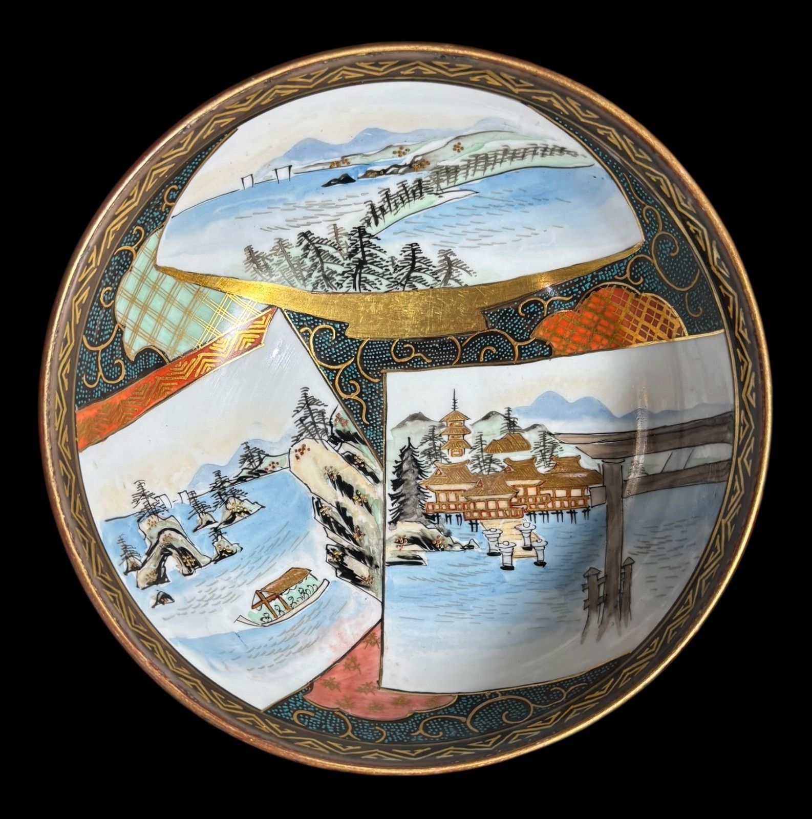 !! 3組鉢 九谷焼 大鉢 山水風景文図 金彩 色絵 伝統 鉢 丸皿 盛り皿 飾り皿 古美術 和食器 アンティーク SKLAD-KIRPICHA_RU