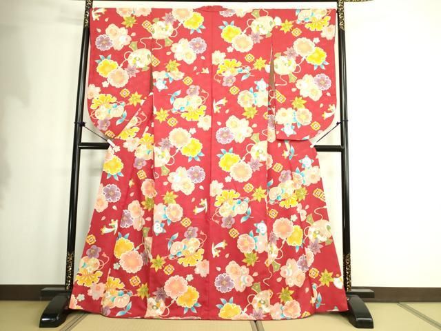平和屋着物●小振袖 二尺袖 草花文 洗える着物 DAAX1943op