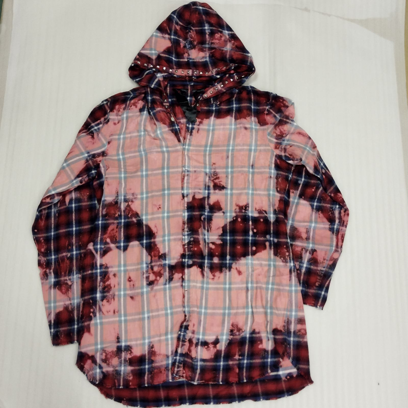 s3896】VLONE ヴィーローン フード チェック シャツ XL 加工 ブリーチ